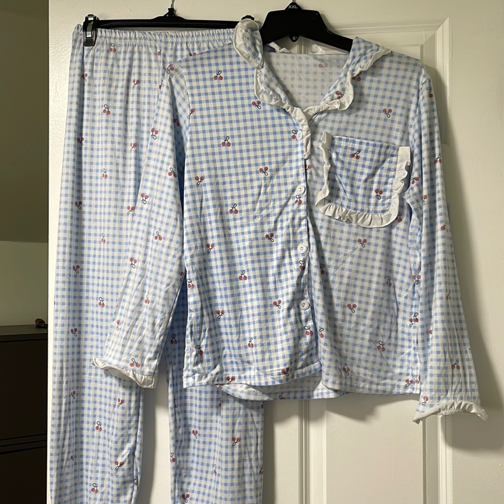 Blue and White Checkered Pajama Set with Cherry Print